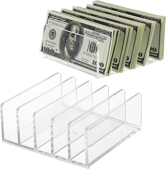 Hipiwe 2-Pack Acrylic File Organizer for Sorting Mail - 5 Slots Letter Sorter Clear Desktop Bill Divider Holder for Paper Envelope Document Book Cash Money Eyeshadow Makeup Palette