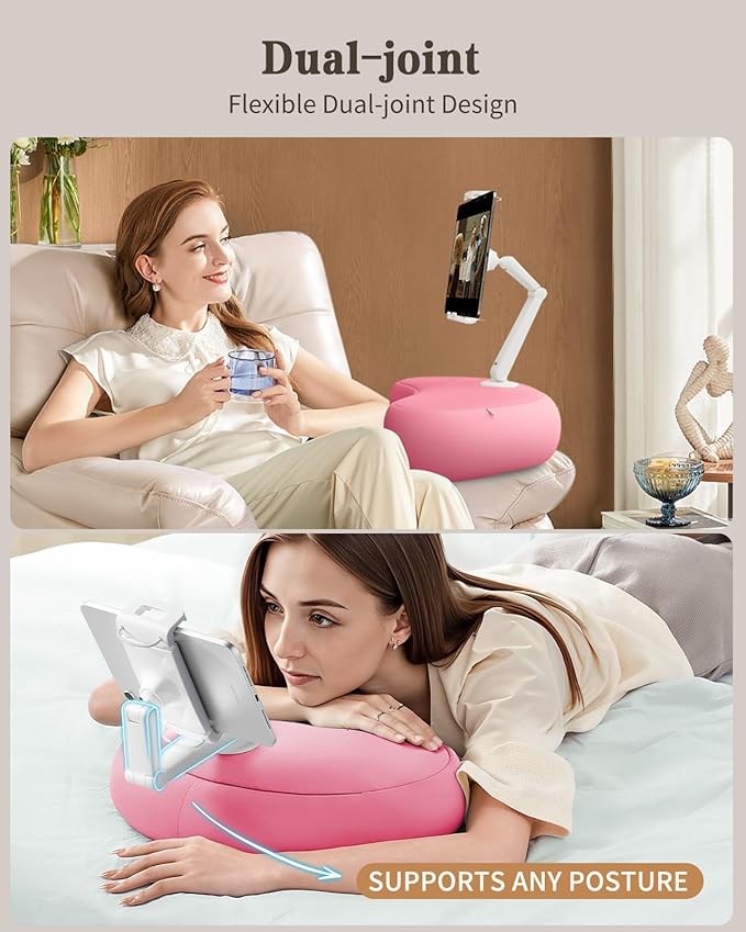 SAIJI Tablet Pillow Stand for Bed – iPad & Kindle Holder with Flexible Dual Axis Arm & Microbead Cushion, 360° Adjustable Lap Beanbag Phone Holder Fits Devices with 4.7"–15.6" Screens (Pink)