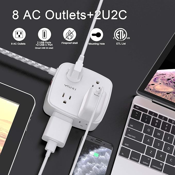 Surge Protector Power Strip - YISHU 8 Outlets with 4 USB (2 USB C) Charging Ports, 6Ft Braided Extension Cord, Flat Plug Multi Plug Outlet Extender Charging Station for Home Office, ETL, White