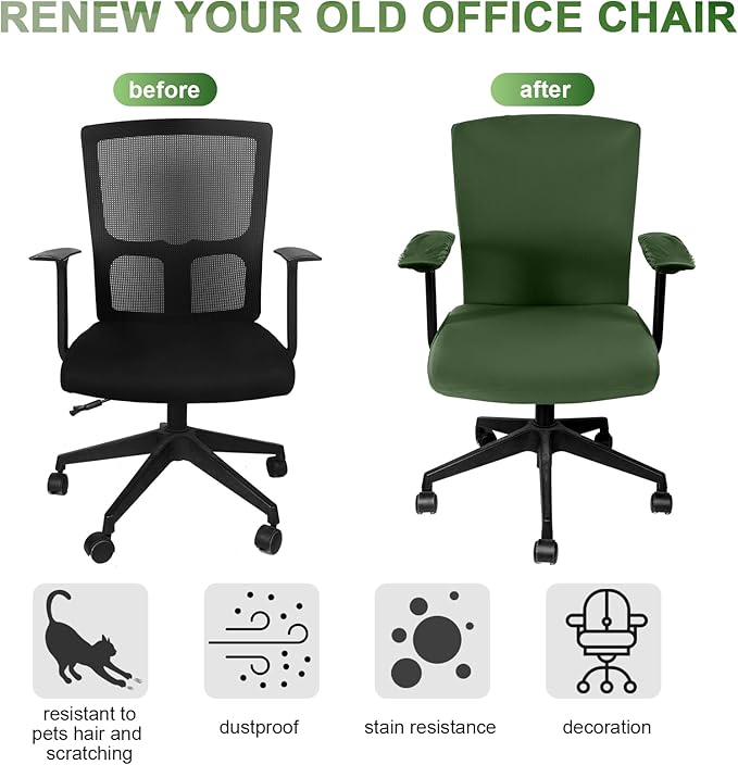 Tallew 4 Pcs Office Chair Covers Set Computer Universal Protective Stretchable Chair Seat Covers Desk Armrest Cover Pads Office Cushion Backrest for Rotating(Regular,Blackish Green)