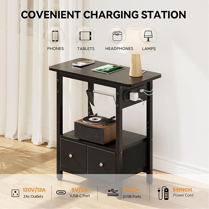 HLDIRECT Nightstand with Charging Station, Bedside Table with 2 Fabric Drawers and Large Storage Shelf for Small Space, End Table with Outlet and USB Ports for Living Room, Bedroom (Black)