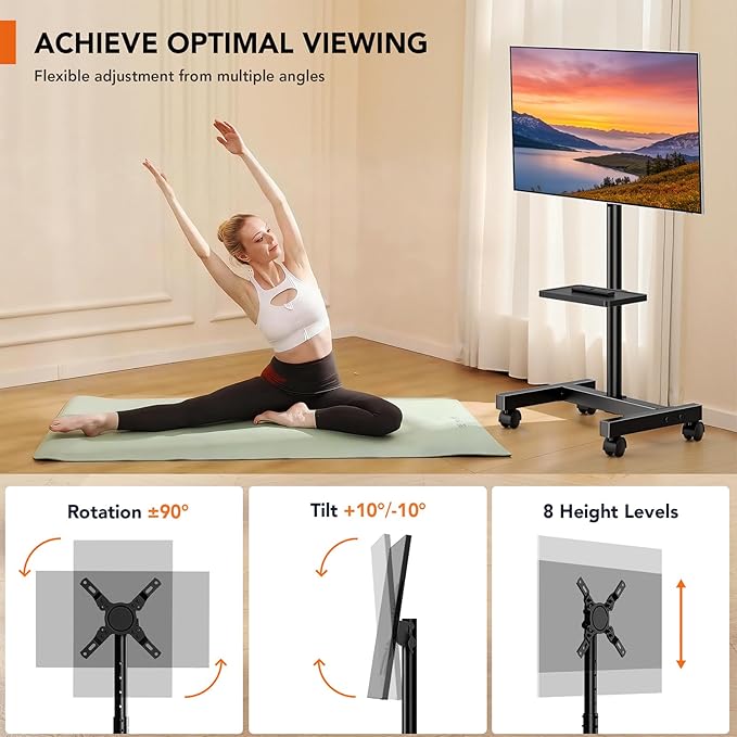 Mobile TV Floor Stand for 13-50 inch LCD LED Flat/Curved Panel Screen TVs up to 44 lbs, Height Adjustable TV Stand Mount with Tilt VESA 200x200, Portable TV Stand with Shelf HT2007BM