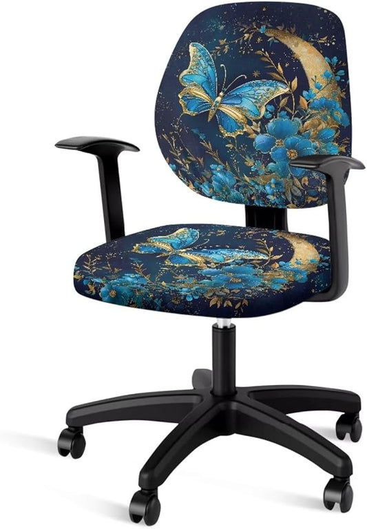 Butterfly Flower Office Chair Covers Stretchable Office Chair Seat Cover Removable Dorm Computer Rotating Chair Slipcover Desk Accessories Split Rotating Swivel Chair Padded Protector