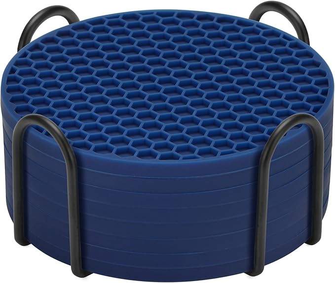 TWTLi Silicone Coasters Set of 8 with Holder,Coasters Drinks,Beer,Coffee Coasters,Suitable Kinds Cups,Hot or Cold,Anti-SLI,Non-Stick,Anti-Overflow Tabletop Protection and Decor (8 Pcs, Navy Blue)