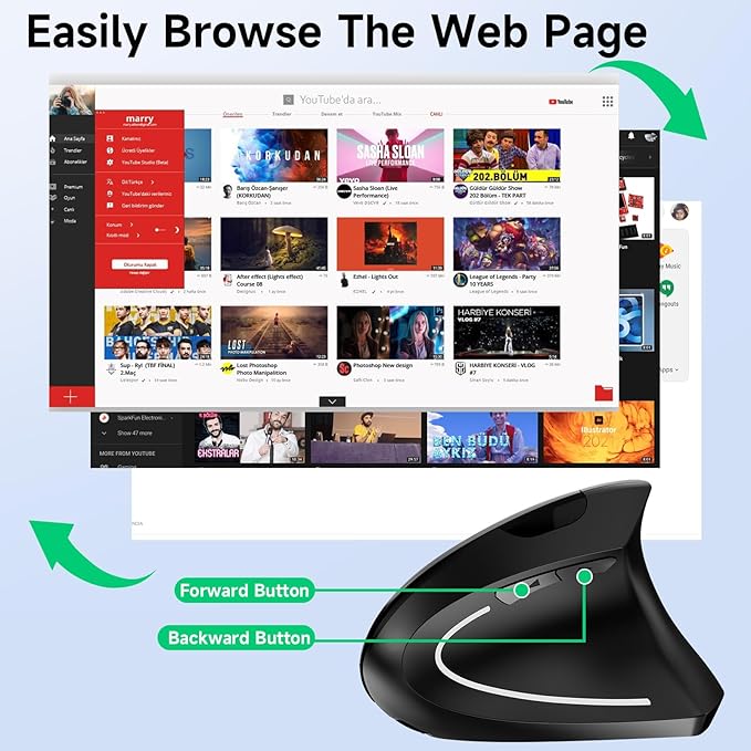 Ergonomic Vertical Wireless Mouse Stylish Rechargeable 2.4G Optical Mice Cordless Mouse with USB Receiver, 800/1200 /1600 DPI, 5 Buttons for Laptop,PC,Mac,Computer (Black)