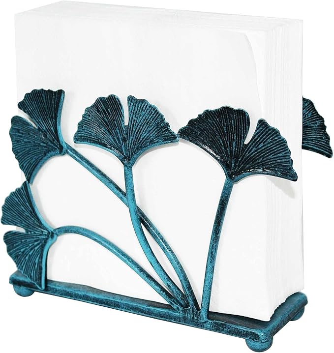 OwlGift Modern Ginkgo Leaves Design Napkin Holder for Tables, Metal Paper Napkin Storage for Kitchen, Stylish Paper Towel Dispenser, Mail Letter Sorter Rack, Document File Organizer – Turquoise
