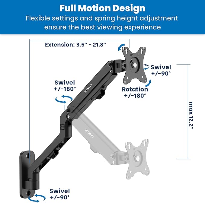 Mount-It! Single Monitor Wall Mount, Computer Monitor Wall Mount Arm, Vesa 100x100 75 x 75 - Pole Mounting, Full Motion Vesa Wall Bracket for 17" to 32" Screens, Curved Displays, 15.4 lb max