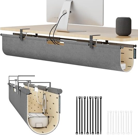 2-in-1 Under Desk Cable Management Tray & Privacy Panel, Dual-Sided Felt Cord Organizer to Hide Wires and Clutter, Desk Mount Cord Holder for Office and Home, Clamp or Screw Mount (Gray/Khaki, 45.2")