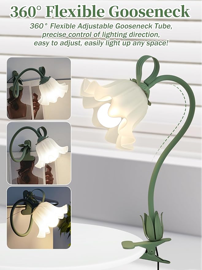 Flower Desk Lamp,LED Reading Light 360°Rotation Clip on Light,3 Color Modes Book Lights,Vintage Flower Bedside Lamp for Bed Headboard Bedroom College Dorm Office Lighting Desk Light Home Decoration
