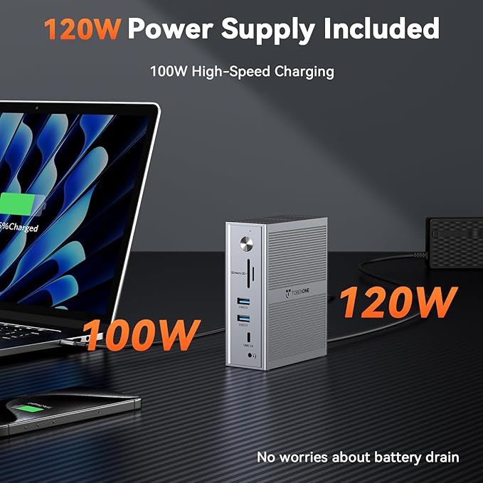 TobenONE DisplayLink Docking Station 3 Monitors, 14-in-1 Triple Monitor Dock for M1-M5 MacBook/Mac mini, Windows, Chrome (3HDMI, 120W Power Supply, 5 USB, Home Office & Professional Workspace)
