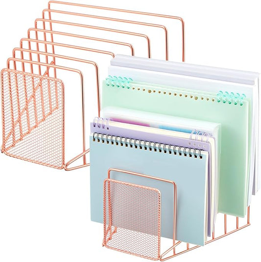 2 Pcs 7 Section Wire File Organizer for Desk, Metal Mesh Incline File Holder, Letter & Magazine Folder Rack, Desktop Paper Sorter for Home Office School (Rose Gold)
