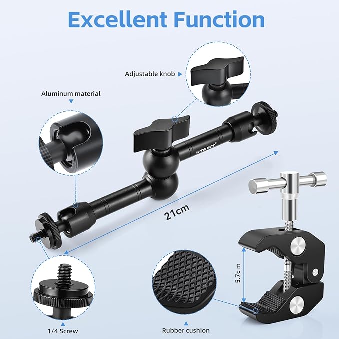 UTEBIT 9 inch Magic Arm with Super Clamp, 360° Ball Heads with 1/4" & 3/8" Threads Screws Articulating Magic Arm Camera Mount for Monitor, Flash, LED Light, Microphone, Camera Cage, Action Camera