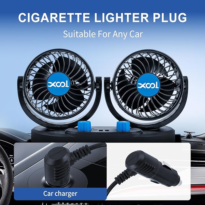 XOOL Car Fan – Car Cooling Fan with 2 USB Charging Ports, 2-Speed Adjustable, 360° Rotatable Dual Head Car Fan Quiet Strong Airflow, Cigarette Lighter Plug, Fan for Car, Vehicles, RVs, and SUVs