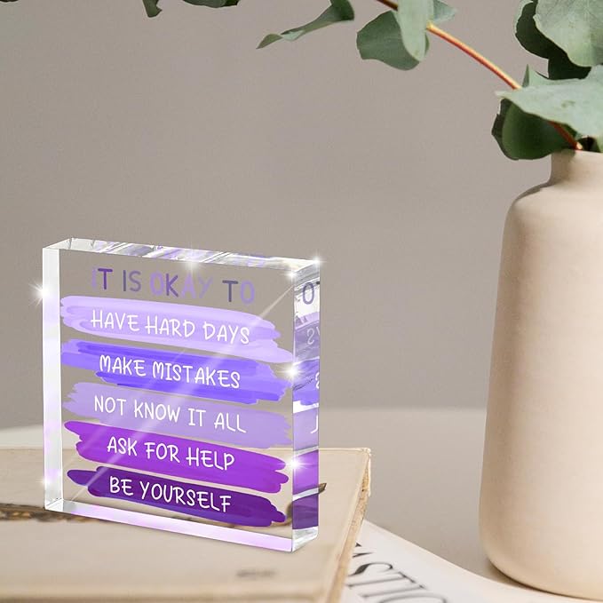 Mental Health “It Is Okay To...” Desk Sign - 4x4 Inch Purple Acrylic Affirmation Decor for Women, Therapy Office Decor, Self-Compassion Gifts, Anxiety Relief & Positive Workspace Accessories