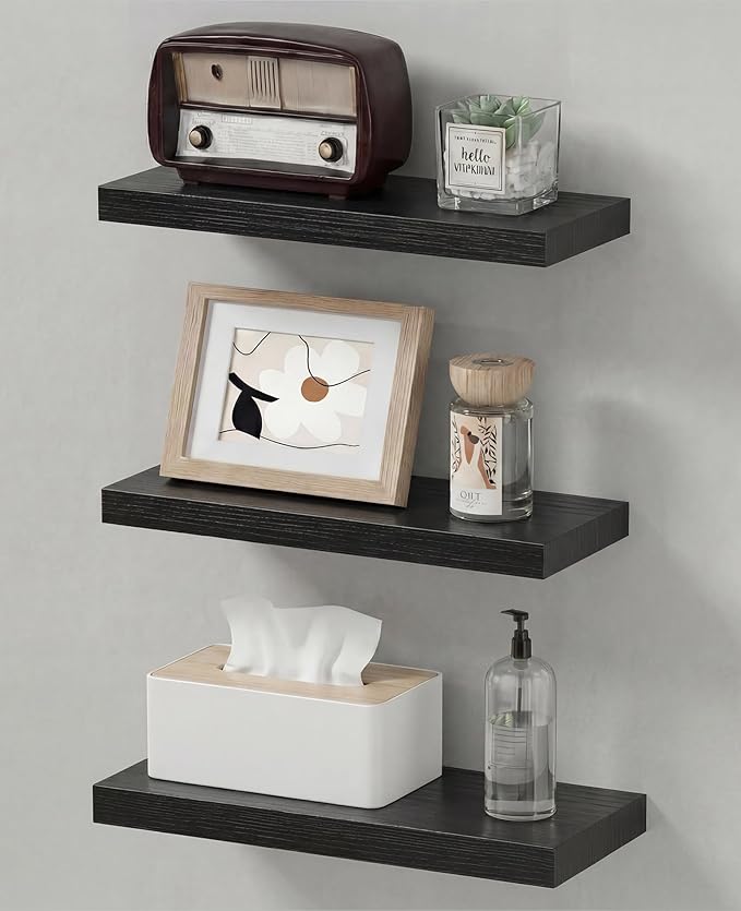 Assembly Easy Floating Shelves Set of 3,24 Inch Wall Mounted Wooden Shelf, Rustic Hanging Shelves for Home Decor, Books and Storage, Organizer for Bedroom,Small Bathroom,Kitchen,Black
