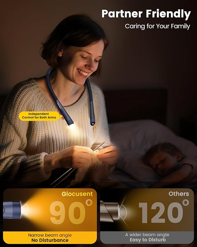 Glocusent Ergonomic Reading Lights for Books in Bed, 1600mAh Rechargeable Book Light for 100 Hrs - 3 Colors & 5 Brightness, Neck Light with Timers, Sleep Aid & Travel Lock
