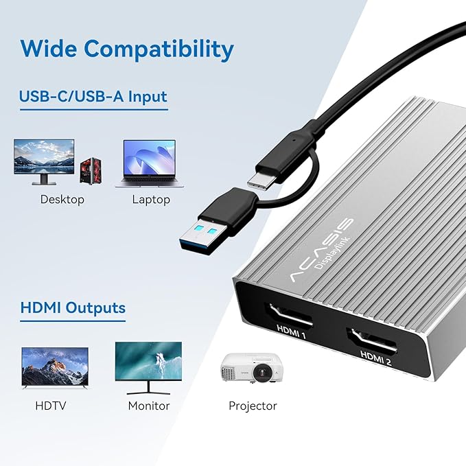 ACASIS USB C to Dual HDMI DisplayLink Adapter, 4K@60Hz, 2 HDMI & 3 USB-A Ports, 100W PD Charging, USB C DisplayLink Docking Station for Mac M1/M2/M3/Windows, USB A/C to Dual Monitor Adapter, Silver