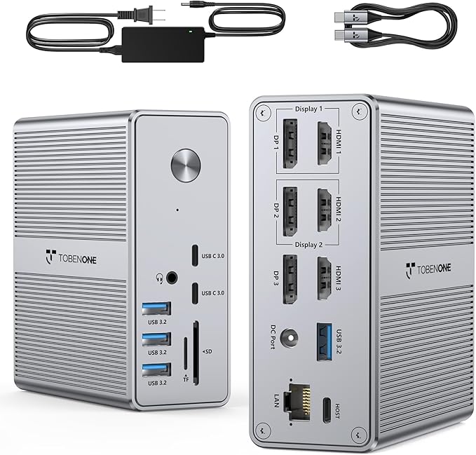 TobenONE DisplayLink Docking Station Triple Monitor with 120W Power Adapter, Triple 4K Display for MacBook Pro/Air, Thunderbolt 4/3, USB-C Windows(3X HDMI, 3X DP, 2xUSB-C, 4xUSB 3.2, SD/TF)
