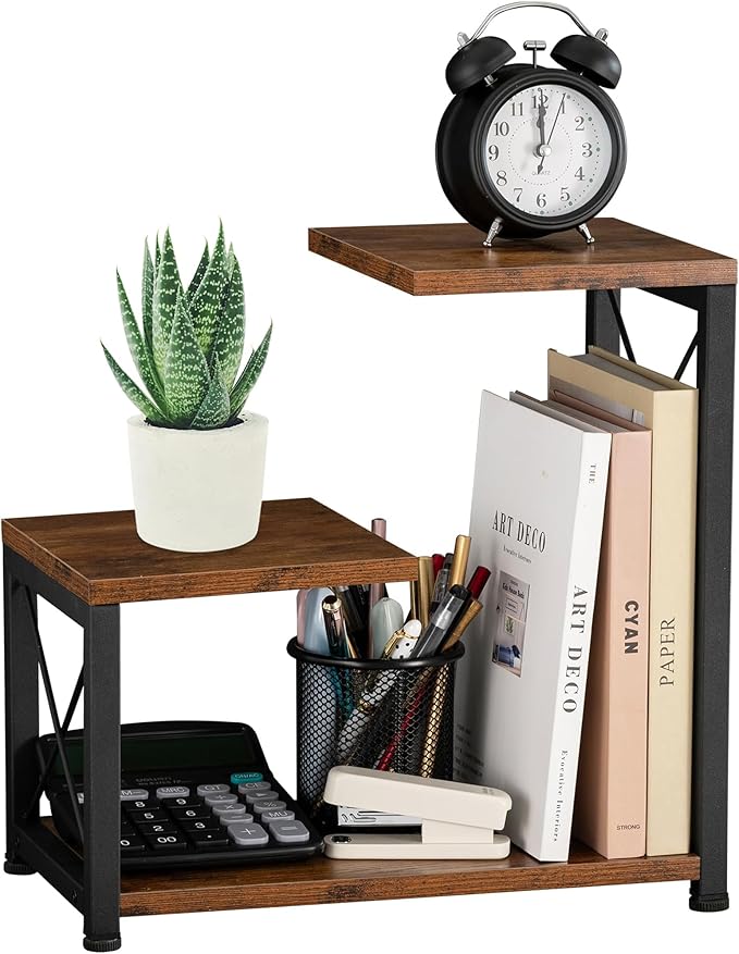 Desk Shelf Organizer, 3-Tier Wood Desk Bookshelf, Small Tabletop Book Shelf, Adjustable Display Rack for Office Decor and Desk Accessories,Rustic Brown