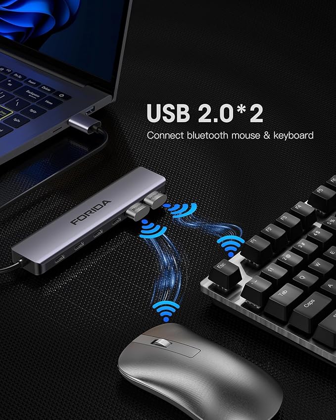FORIDA Aluminum Alloy 7-Port USB Hub, Portable Multiport USB Splitter Adapter with 4 USB-C 3.0, 2 USB 2.0, 5V Charging Port, Fast USB Extender Compatible with Laptop, PC, Desktop Computer
