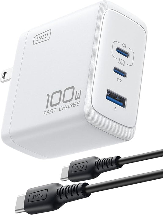 INIU USB C Charger Block, 100W GaN Fast Charging, 3-Port Compact Foldable Travel Laptop Charger with Type C Cable, Power Adapter for Mac Book Air Pro 15 14, iPhone 17 16 Pro Max Samsung S26 S25 Ultra
