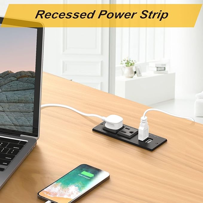 10-Pack Recessed Power Strip Desktop Power Grommet Conference in Desk Outlet Power Socket 2 Outlets &2 USB Ports 10 FT Extension Power Cord, ETL Listed