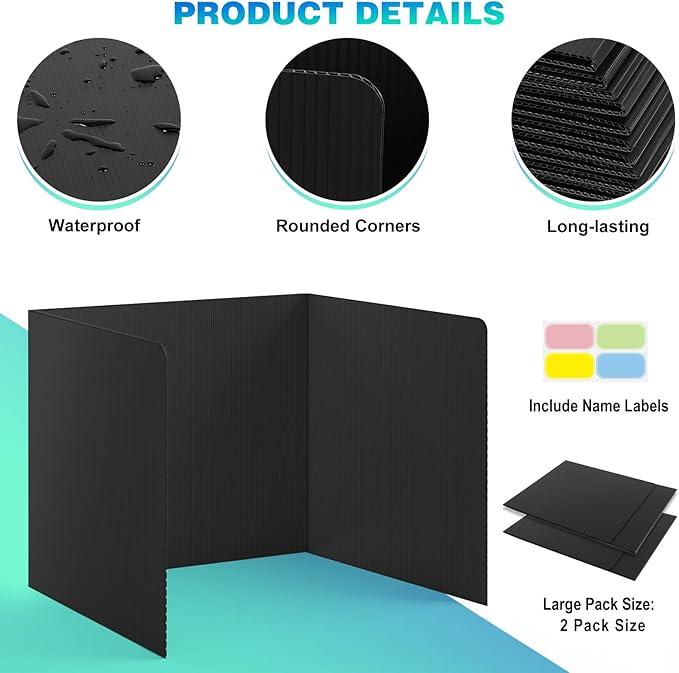 2Pack Black Desk Dividers for Student, Waterproof Plastic Privacy Folders for Classroom Students, Foldable Study Carrels Teacher Supplies, Easy-Clean Testing Dividers for Exam, Office & Library Focus