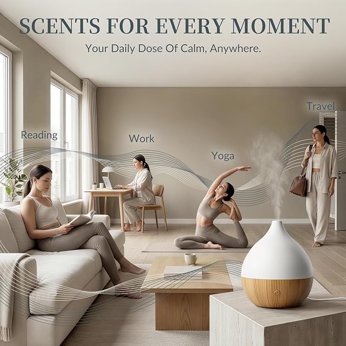 Essential Oil Diffuser with Adapter, 100ml Small Aromatherapy Scent Machine for Home & Office Desk, 7 Color LED Cool Mist Humidifier, Auto Shut-Off, Classic Teardrop White