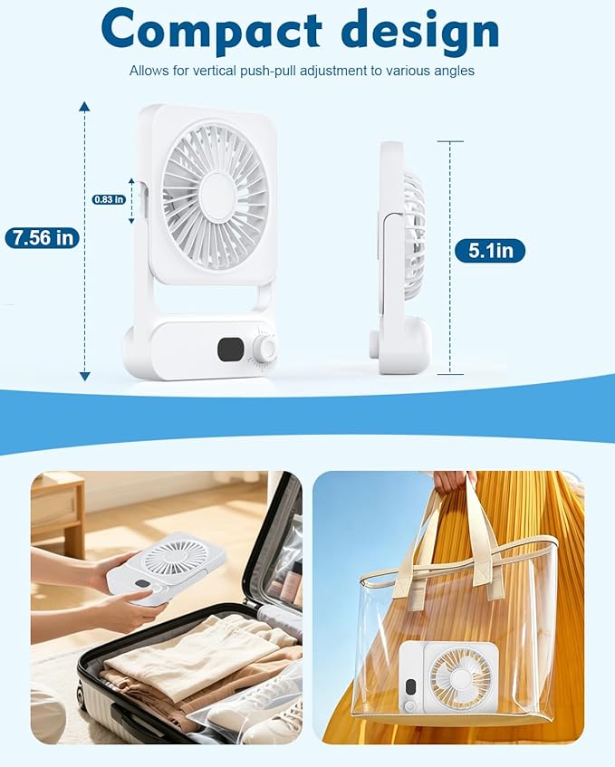 Small Desk Fan Personal Fans: 4000mah 4-14 Hours Battery Office Quiet Mini Desktop Fan Portable Rechargeable Travel Essentials, USB-C Charging for Sleeping, Office, Bedroom, Cruise, White