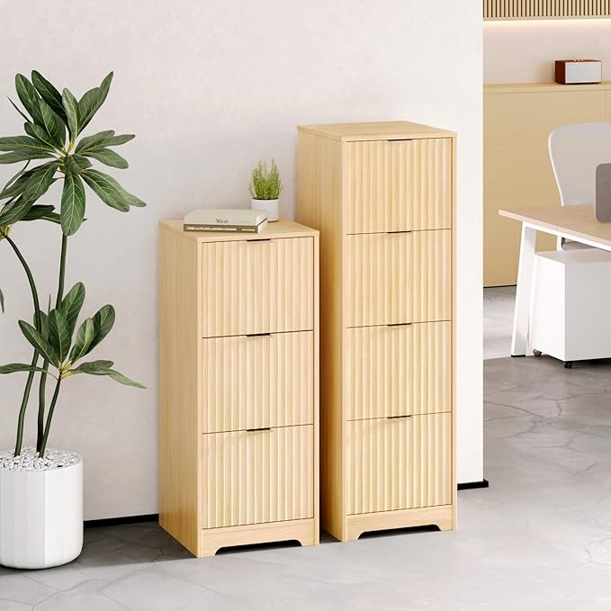 VINGLI Tall 3 Drawer File Cabinet, Home Office Filing Organizer, for Letter Size File Folder Storage, Modern Style Fluted Design, Wood Vertical Filing Cabinet, Printer Stand, Archivador (Oak)