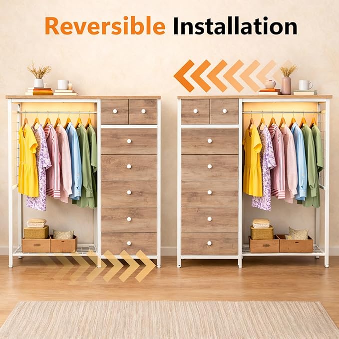 Simple Deluxe Storage Clothes Rack with 6 Drawers, Charging Station & LED Lights, Fabric Chest Shelves Clothing Rack, Wooden Portable Wardrobe Closet, 49.2" W x 15.7" D x 47.2" H, Brown