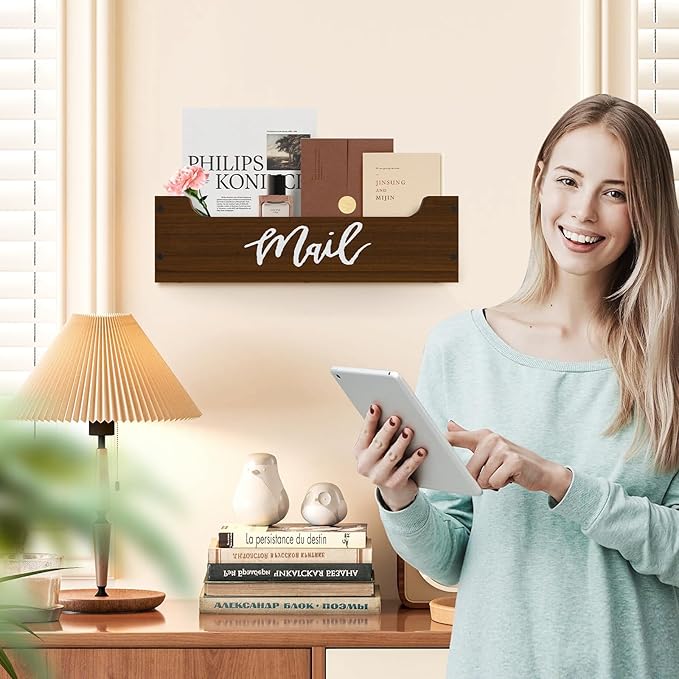 White Wooden Mail Organizer Countertop (Walnut + White)