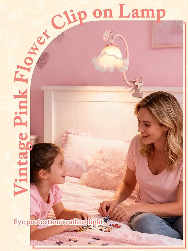 Clip on Light,Flower Desk Lamp,360°Rotation Gooseneck LED Reading Lights,Floarl Bedside Lamps,3 Colors Modes Book Lights Eye-Caring for Bedroom Bed Headboard Office Home Lighting Table Lamp(Pink)