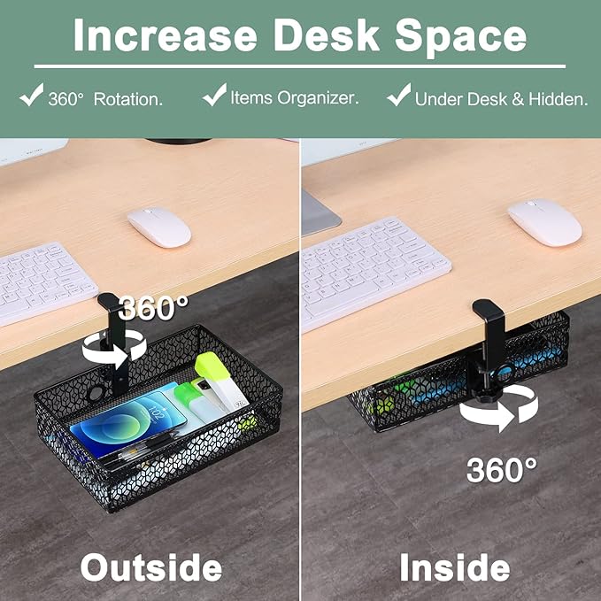 ROSYLINE OSYLINE Heavy Duty Clamp On Under Desk Drawer Organizer Storage Tray Basket with Non-Slip Pad Hanging Mount for Home Office Studio Bedroom or Dorm (Black)