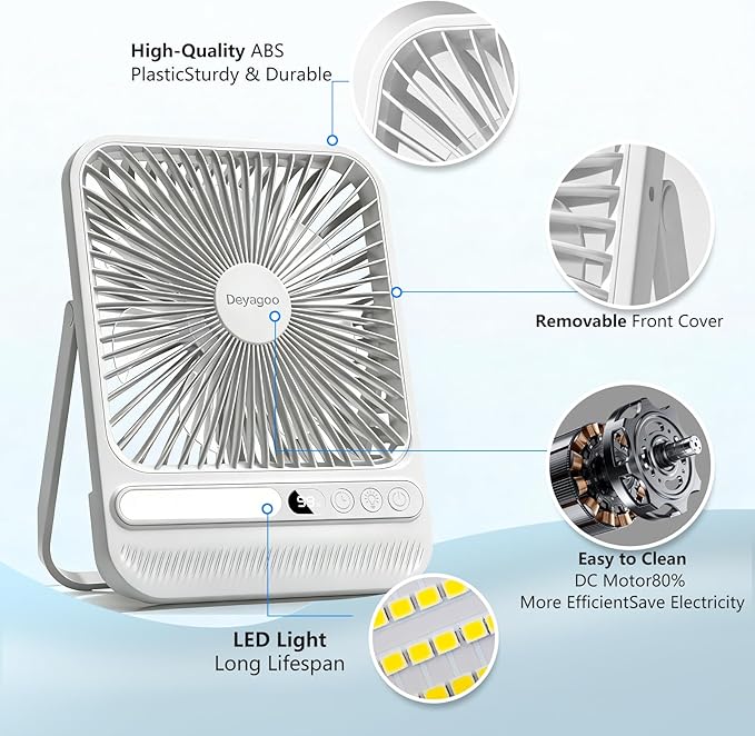Deyagoo Travel Fan,7-Inch Camping Fan, Rechargeable Fan, 28H 10000mAh Ultra-Thin Quiet USB Desk Fan with Timer & LED Display for Bedroom, Office, Camping