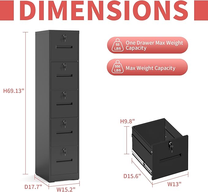 IKIMI 5 Drawer File Cabinet with Lock,Vertical Filing Cabinet with 5 Lockable Drawers,Black Metal File Cabinet for Home Office Steel File Cabinets for A4/Letter/Legal Size File,Assembly Required