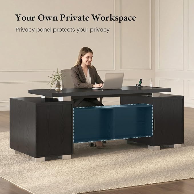 80.6" Executive Desk with Power Outlet and File Drawer, Modern Home Office Desk with 3 Large Cabinets and Privacy Panel, Business Furniture for Home Office, Living Room, Black