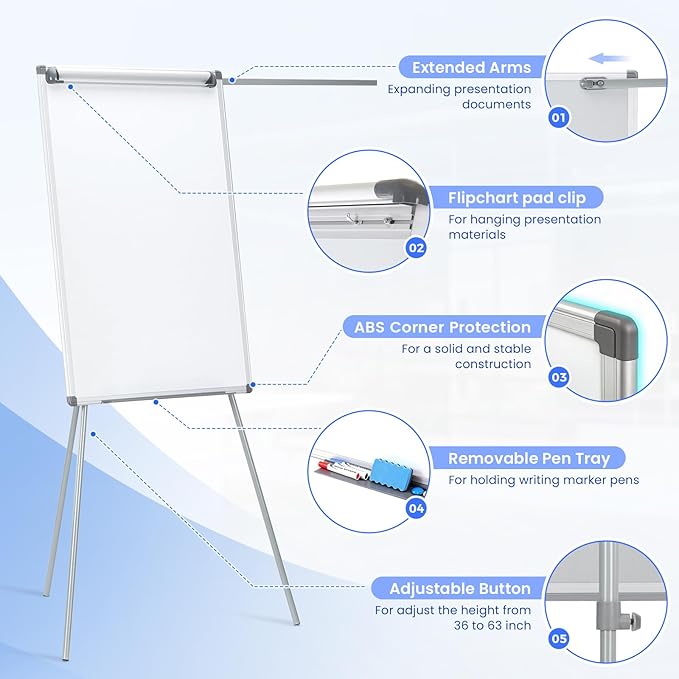 MAKELLO Flip Chart Easel, Magnetic Dry Erase Board with Stand for Office Classroom Home School, Extended Display Arms and Adjustable Height, 36x24 in