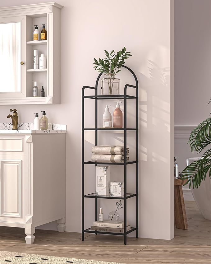 Hzuaneri Bookcase Bookshelf, Tempered Glass Bookshelves, Slim Shelving Unit for Bedroom, Bathroom, Home Office, Steel Frame, 6 Tier Black BC10601B