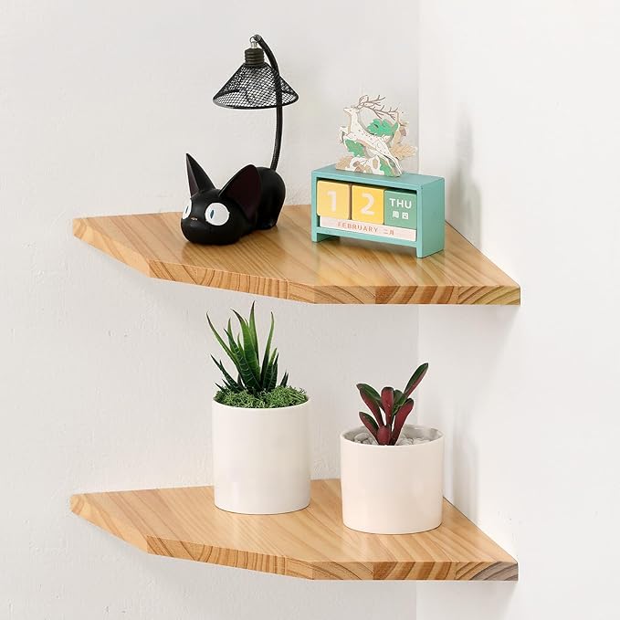 Wood Corner Wall Shelves Set of 2, Solid Wood Corner Floating Shelves, Round End Wall Mounted Floating Corner Shelf for Bedroom, Living Room and Kitchen (10 inch)