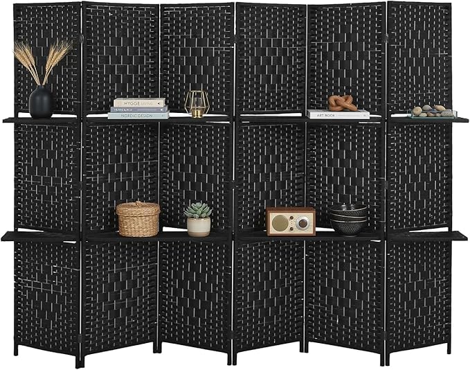 FDW 6 Panel Wood Room Divider - Foldable & Flexible Freestanding Screen, Easy Storage Partition Wall for Home Living Room, Dark Black