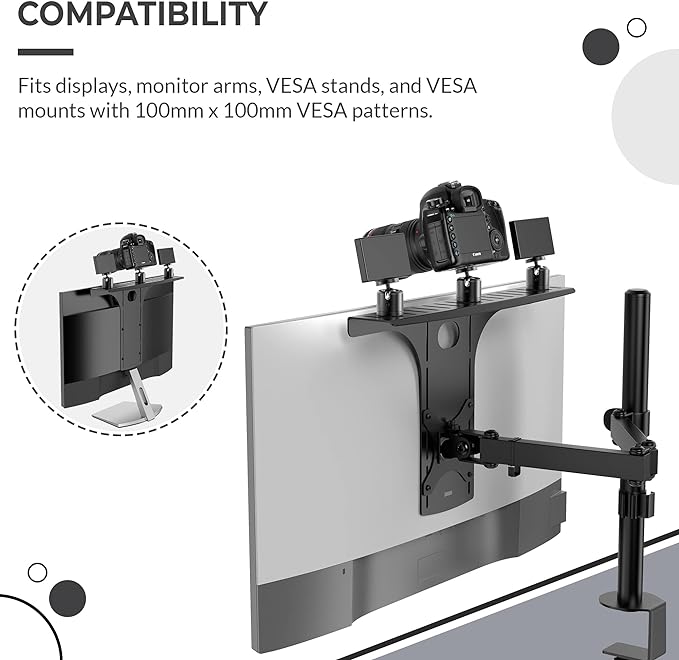 HumanCentric DSLR Monitor Mount Large, Desk Camera Mounting, Light Webcam, Microphone Shelf for Monitor VESA Arm, Replace Clamp Tripods, 100x100mm Patterns, Aluminum, Hardware Included