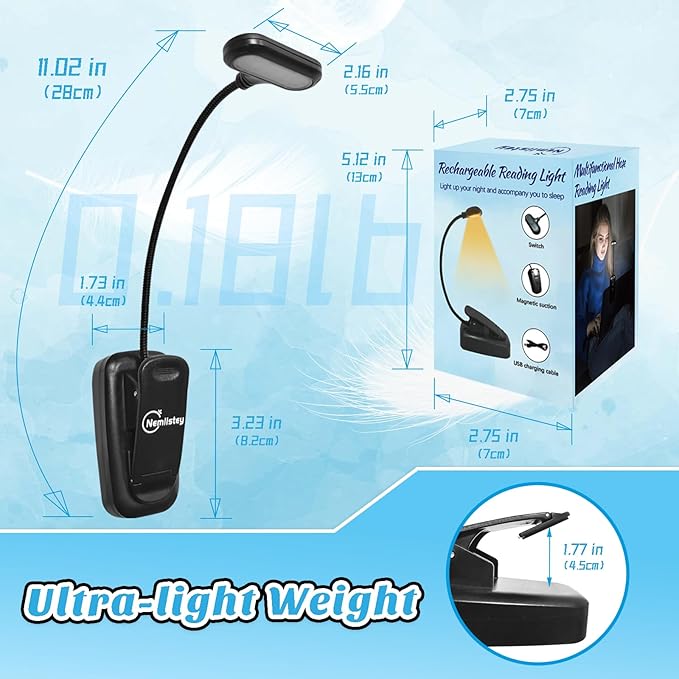 Rechargeable Book Light, Reading Lights for Books in Bed with 3 Color Temperatures & Stepless Dimming Brightness, 360°rotatable clip-on reading light with magnetic suction, suitable for Book Lovers