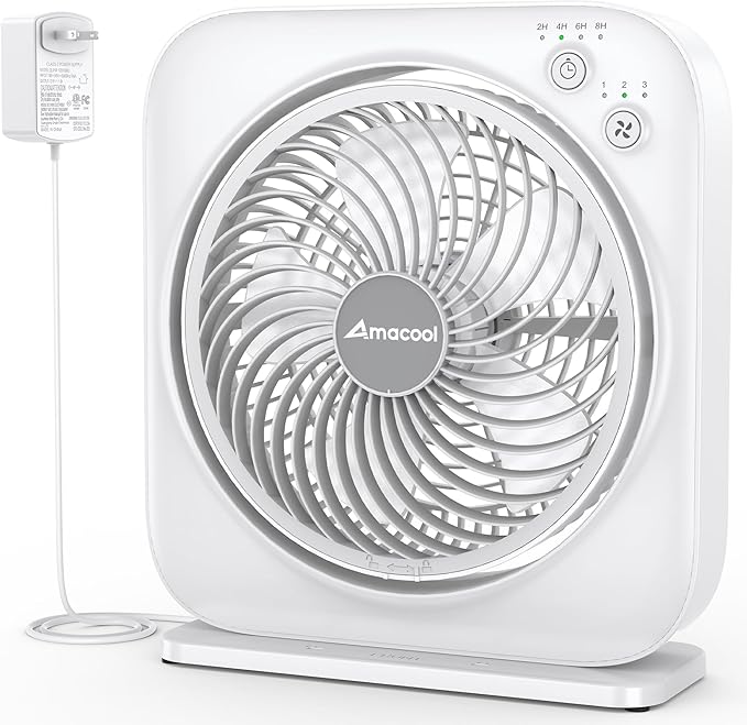 AMACOOL Table Fan, 12 inch Box Fan with 3 Speeds & 8HRS Timer, 270° Pivoting Quiet Air Circulator, Desktop Fan for Bedroom Bathroom Kitchen Office, AC Adapter Included, Co-Branded with Cmyfato-White