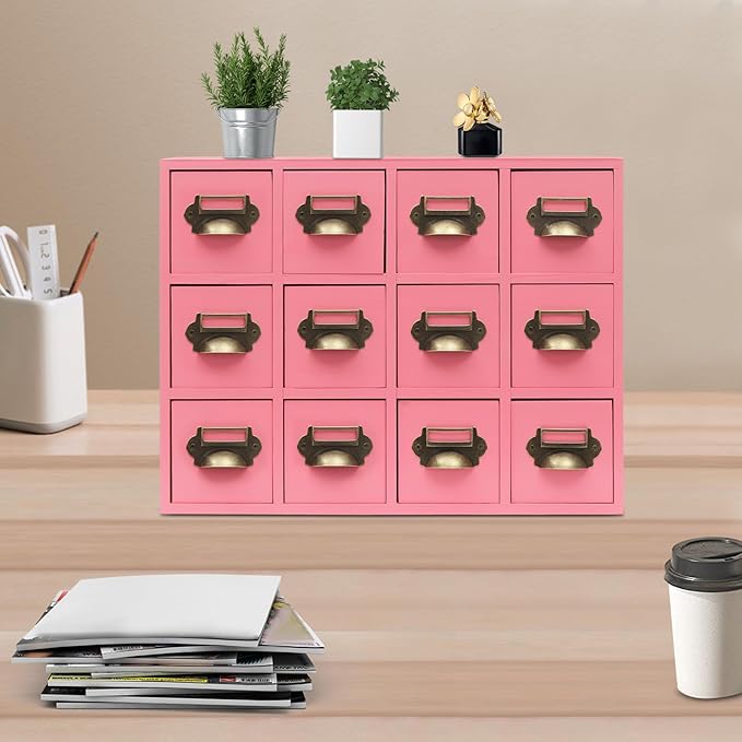 12 Drawer Drawers Storage Cabinet, Wooden Medicine Cabinet Desktop Drawer Organizer Herb Storage Box with Solid Wood Build & No Assembly for organize spices medicines jewelry cosmetics(Pink)