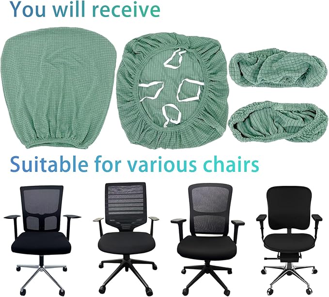 4Pcs Office Chair Covers Stretchable Set Desk Chair Cover Computer Chair Cover with 4 Non-Slip Elastic Straps Protective Armrest Slipcovers Pads Backrest Cushion for Rotating Chair (Green)