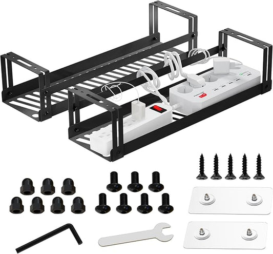 PAVSTINE Under Desk Cable Management Tray, 17 in Metal Cable Tray Basket for Wire Management, Power Strip Holder, Cord Organizer, Wire Tamer for Home/Office Desk Cable Hider Black, 2 Pack