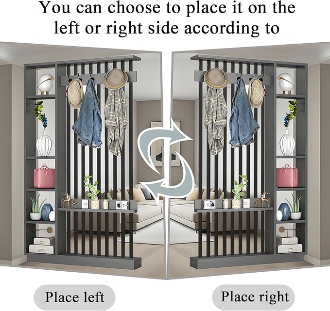 Wall Room Divider - Freestanding Wood Room Divider with Shelves and Coat Rack, Wall Divider with Storage Cabinet and Display Shelf, Freestanding Decor for Bedroom, Office