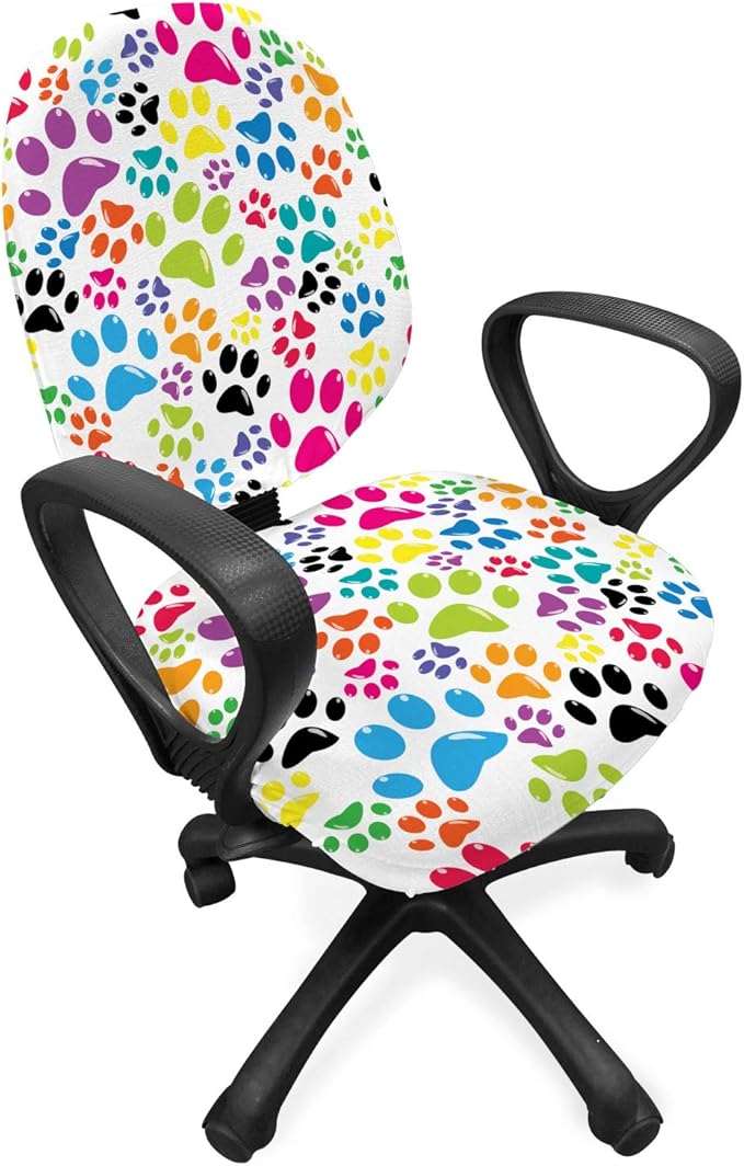 Ambesonne Dog Office Chair Slipcover, Colorful Little Paws Steps Art Cartoon Unusual Traces Design, Protective Stretch Decorative Fabric Cover, Standard Size, Purple Blue