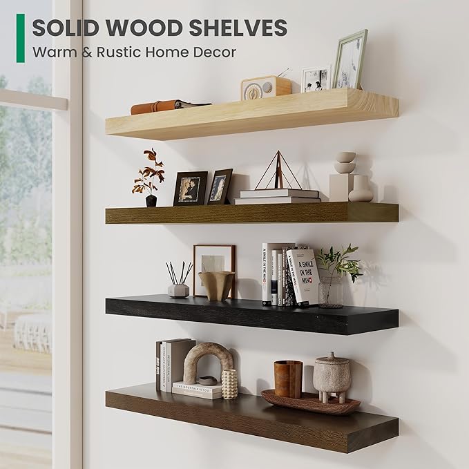 Wood Floating Shelves For Wall, 24”W x 9”D x 1.56”H Deep Wood Wall Shelves for Living Room Bedroom Bathroom Kitchen Drcor Storage with Invisible Heavy-Duty Metal Bracket, Natural Finish, Set of 2